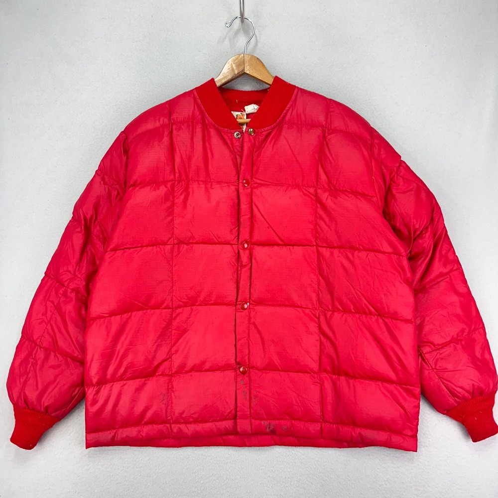 Vintage 70s Down Bomber‎ Jacket Mens XL Red Quilted Snap Front Boxy Smokers Coat